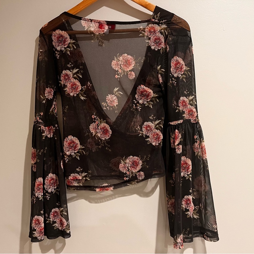 BONGO Black Pink Floral Sheer Mesh Top Bell Flutter Sleeves Y2K Ballet Wrap S - Picture 4 of 5